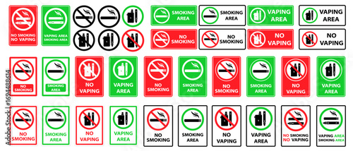 Vector image of a no smoking or no vaping sign. No smoking, prohibition symbols. No smoking zone, printable sign, red and green colors. Element for your design