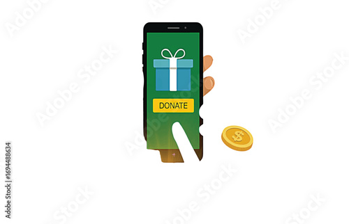 Empowering charitable giving through mobile technology, featuring a smartphone with a donation interface and a coin, illustrating digital philanthropy and support