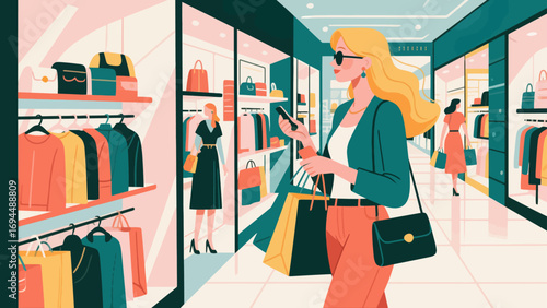 Fashionable beauty, shopping and strolling, flat design, hand-drawn vector illustrations