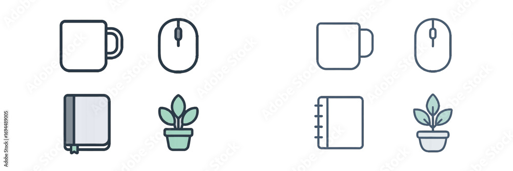 Fototapeta premium Office and workspace icon set with two styles including filled color and simple line art featuring a coffee mug, computer mouse, book, and potted plant