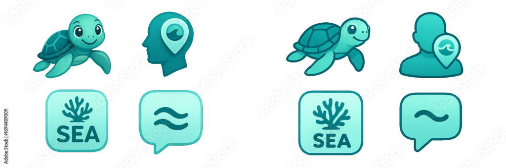 Fototapeta premium Collection of sea and ocean themed icons featuring a turtle, coral reef, and location pin for travel and marine conservation concepts