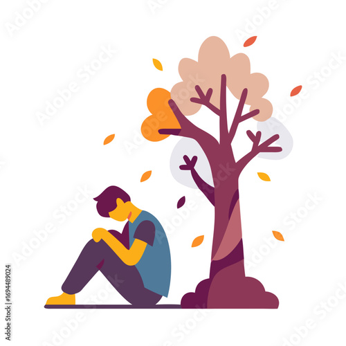 Vector art of sad person sitting by a tree illustration