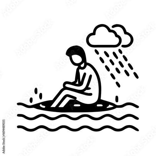 Vector art of sad person sitting on an island in the rain illustration in black