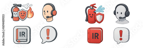 Emergency response and safety icons with fire extinguisher, shield, customer support, and important information symbols