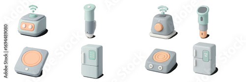 Assortment of contemporary smart home appliances and wireless technology devices in a minimalist pastel color palette