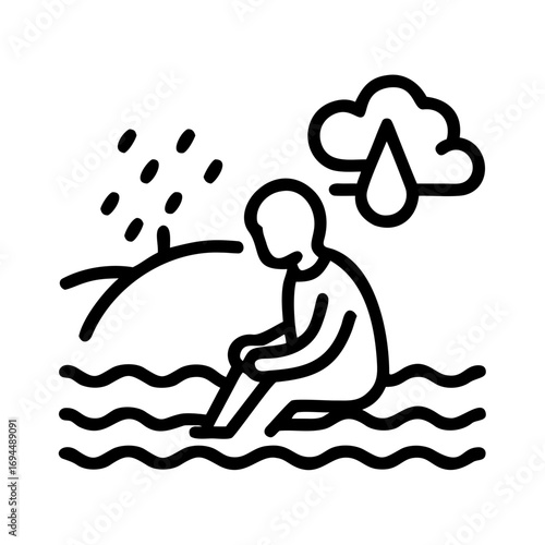 Vector art of person sitting in water under rain cloud