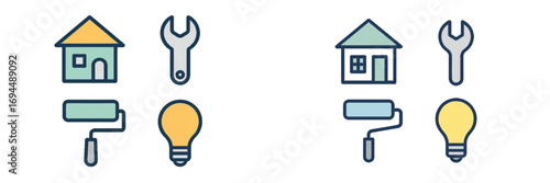 Essential tools and symbols for home renovation and maintenance projects including house, wrench, paint roller, and light bulb
