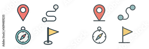Free Download Navigation and location icon set with map pin, compass, route path, and destination flag symbols for travel and direction - GFXLoad