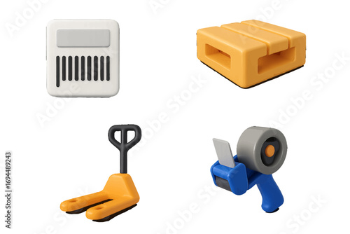 Set of 3D warehouse and logistics icons including pallet jack, shipping pallet, barcode label, and tape dispenser for supply chain management
