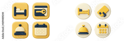 Realistic 3D icons for hotel and travel booking applications featuring a bed, keycard, reception bell, and calendar symbols for modern web and mobile UI design