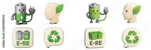 Set of ecology icons for green energy, recycling, and sustainability concepts with a battery character and e-waste symbol
