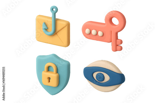 Cybersecurity 3D icon set with phishing email hook, password key, privacy shield with lock, and incognito hacker eye symbol for data protection