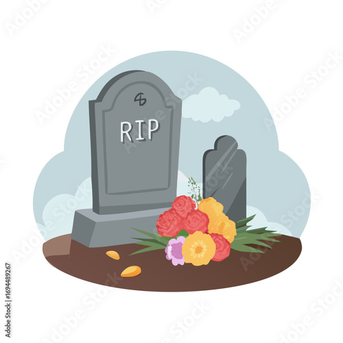Vector art of tombstone with flowers, rest in peace concept