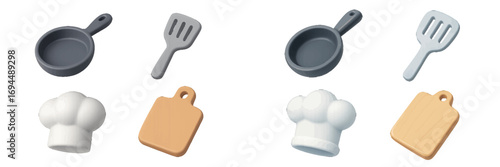 3D cooking icon set with frying pan, spatula, chef hat, and cutting board isolated on a white background