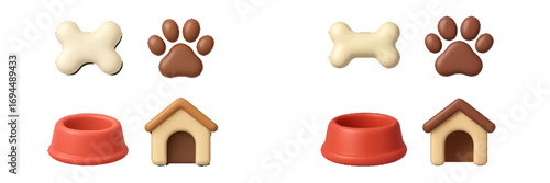 3D dog icon set with pet care accessories like a bone, paw print, food bowl, and doghouse for animal shelter or veterinary clinic branding