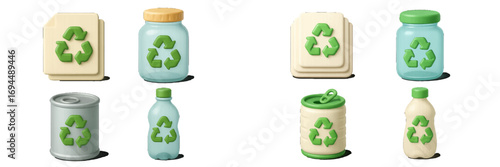 3D recycling icons set with paper, glass, plastic, and metal waste for sorting and environmental conservation concepts