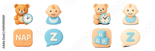 Charming collection of baby and teddy bear icons featuring clocks, sleep symbols, and nap time concepts for children's themes