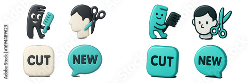 Modern set of hair care and grooming symbols with salon tools, comb characters, and user interface buttons for digital applications