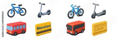 Stylized 3D public transport vehicles and metro cards collection