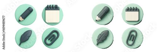 Modern volumetric icon set with pencil, calendar, feather, and paperclip symbols for business, planning, and communication user interface design