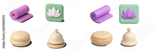 3D yoga and meditation icon set with lotus flower, exercise mat, meditation cushion, and singing bell for wellness and mindfulness apps