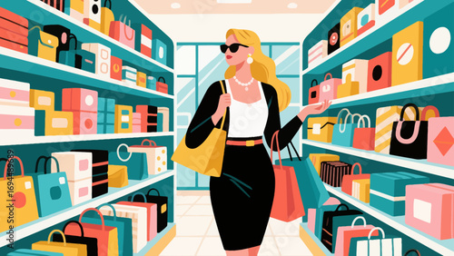 Fashionable beauty, shopping and strolling, flat design, hand-drawn vector illustrations