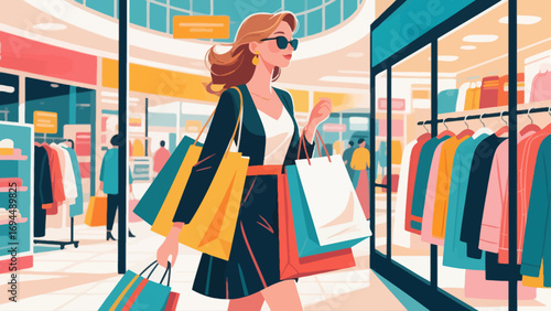 Fashionable beauty, shopping and strolling, flat design, hand-drawn vector illustrations