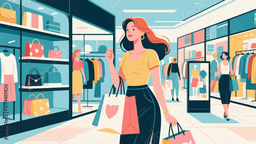 Fashionable beauty, shopping and strolling, flat design, hand-drawn vector illustrations