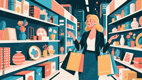 Fashionable beauty, shopping and strolling, flat design, hand-drawn vector illustrations