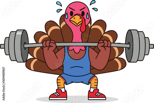Cartoon turkey lifting weights, funny gym bird in sports outfit sweating, vector illustration for Thanksgiving, fitness, workout, or holiday humor content.