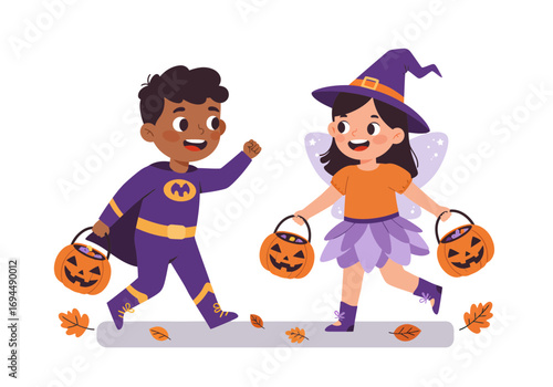 Excited kids trick-or-treating in costume for Halloween, happy children with pumpkin buckets, fall leaves and spooky fun, perfect for seasonal designs