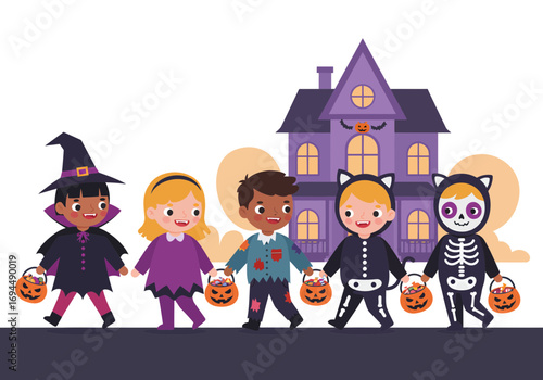 Spooky Halloween fun with kids trick-or-treating in cute costumes near a haunted house, evoking joy and festivity with pumpkin buckets full of candy