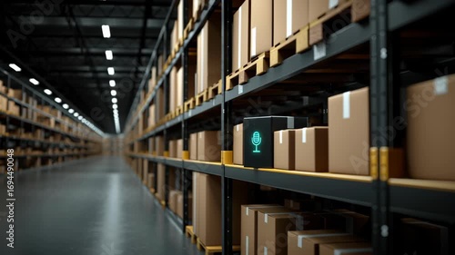 Wallpaper Mural Smart Storage Technology in Warehouse Microphone Symbol on Black Box Among Cardboard Boxes Showcasing Logistics and Inventory Solutions Torontodigital.ca