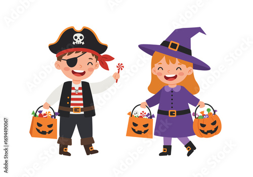 Happy Halloween kids dressed as a pirate and witch with candy bags, trick or treating fun, seasonal celebration of Halloween, spooky and sweet delights