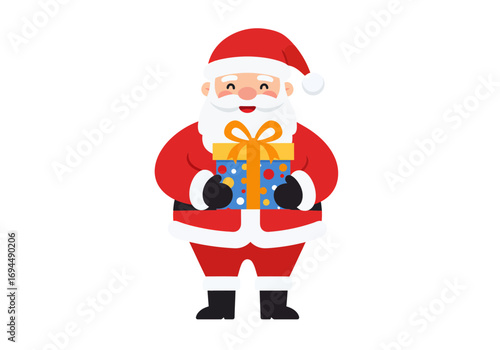 Cheerful Santa Claus character holds colorful gift box with golden bow, spreading holiday joy and festive cheer this Christmas season, vector illustration