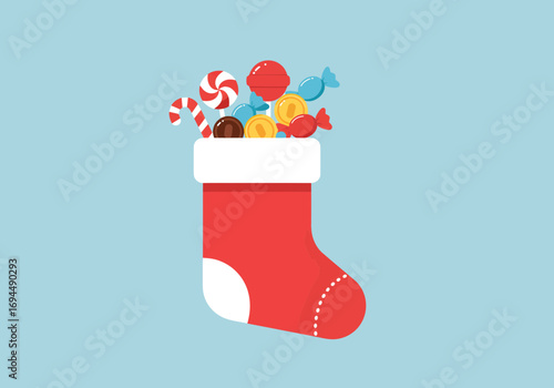 Festive Christmas stocking brimming with colorful candies ready to bring joy, perfect for holiday greetings and sweet treat promotions this season