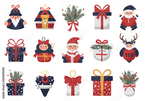 Festive Christmas cheer with adorable Santa, reindeer, and gift box characters for holiday designs and joyful seasonal promotions, originally a scalable graphic