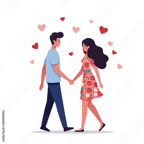 Romantic stroll with a loved one surrounded by floating hearts, perfect for Valentine's Day, anniversaries, or conveying feelings of love and affection