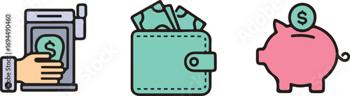 Set of Financial transactions icon vector illustration, banking ATM wallet piggy bank money coins payment symbols, business finance investment saving icons set for fintech and economy design