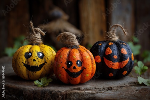 Colorful painted pumpkins with cheerful faces arranged on a rustic wooden surface for Halloween celebration