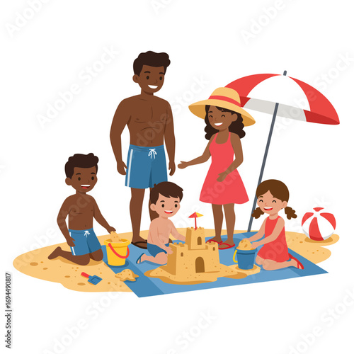 Happy family building sandcastle together on sunny beach vacation, enjoying summer fun, creating lasting memories