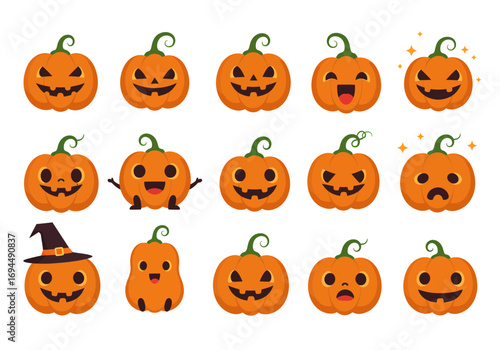 Spooky Halloween pumpkins with various expressions and a witch hat, perfect for holiday decorations, events, and festive designs