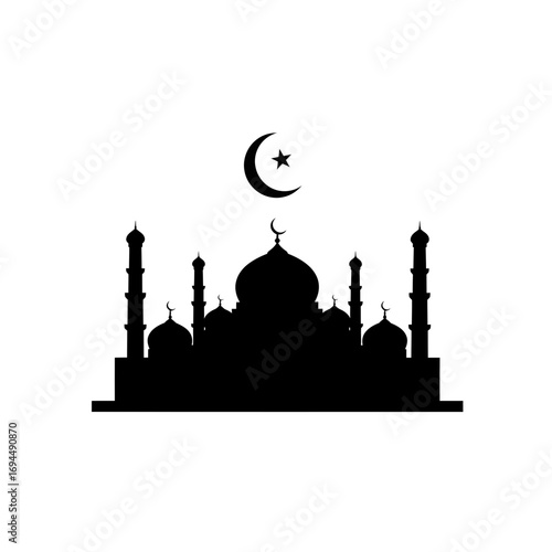 Elegant silhouette of a mosque with crescent moon and star, perfect for cultural projects and design needs