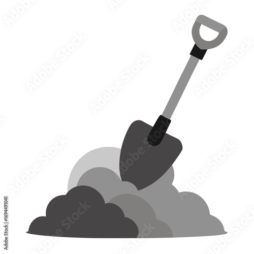 Shovel digging into grey dirt pile vector icon on white background.