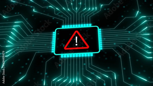 Glowing Circuit Board With Warning Symbol On Central Chip technology computer