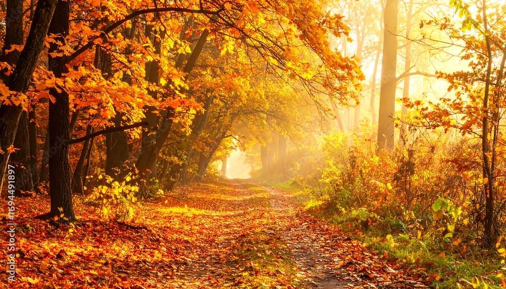 Obraz premium Golden Autumn Forest Path Bathed in Sunlight