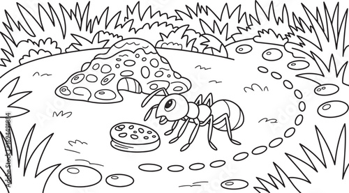 Ant Carrying Food Near Anthill in Grassy Landscape with Transparent Surroundings