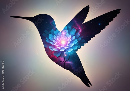 Double exposure of a hummingbird silhouette with a cosmic glowing flower