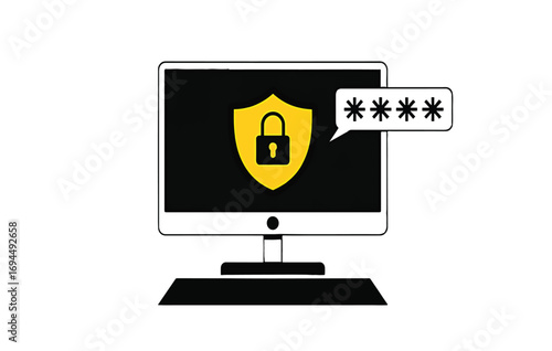Cybersecurity concept with secure password login and data protection shield on a computer monitor