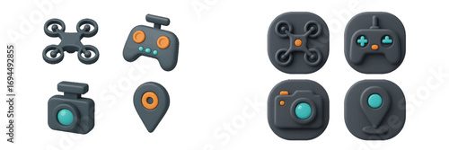 Modern 3D icon collection featuring a drone, remote control, camera, and location pin for user interface and app design